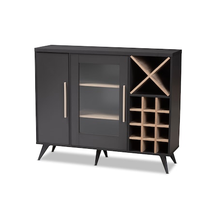 Baxton Studio Pietro Mid-Century Modern Dark Grey and Oak Finished Wine Cabinet 150-9004